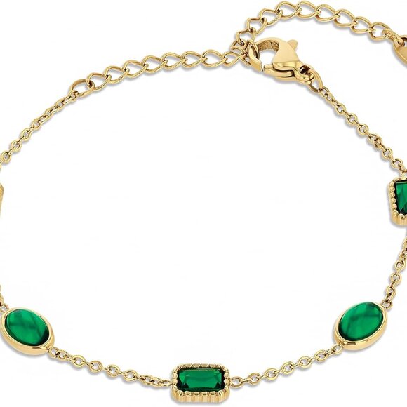 Women's Tennis Bracelet Green Emerald Zircon 18K Gold Plated 6 Inch - Picture 1 of 7